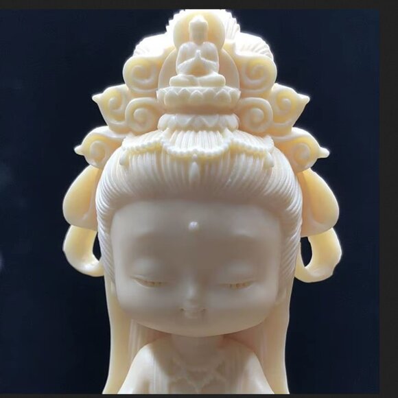 Mini GUANYIN BUDDHA Statue in Lotus Flower Small Baby -Ivory Resin-Bodhisattva - Picture 10 of 12